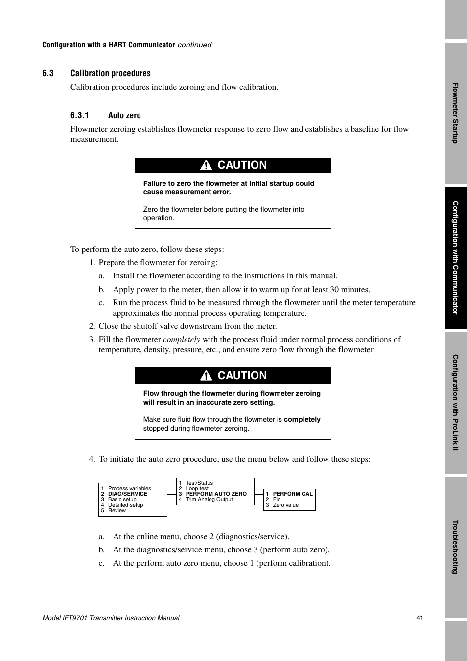 3 calibration procedures, 1 auto zero, Calibration procedures 6.3.1 | Auto zero, See section 6.3, Caution | Emerson IFT9701 User Manual | Page 49 / 90