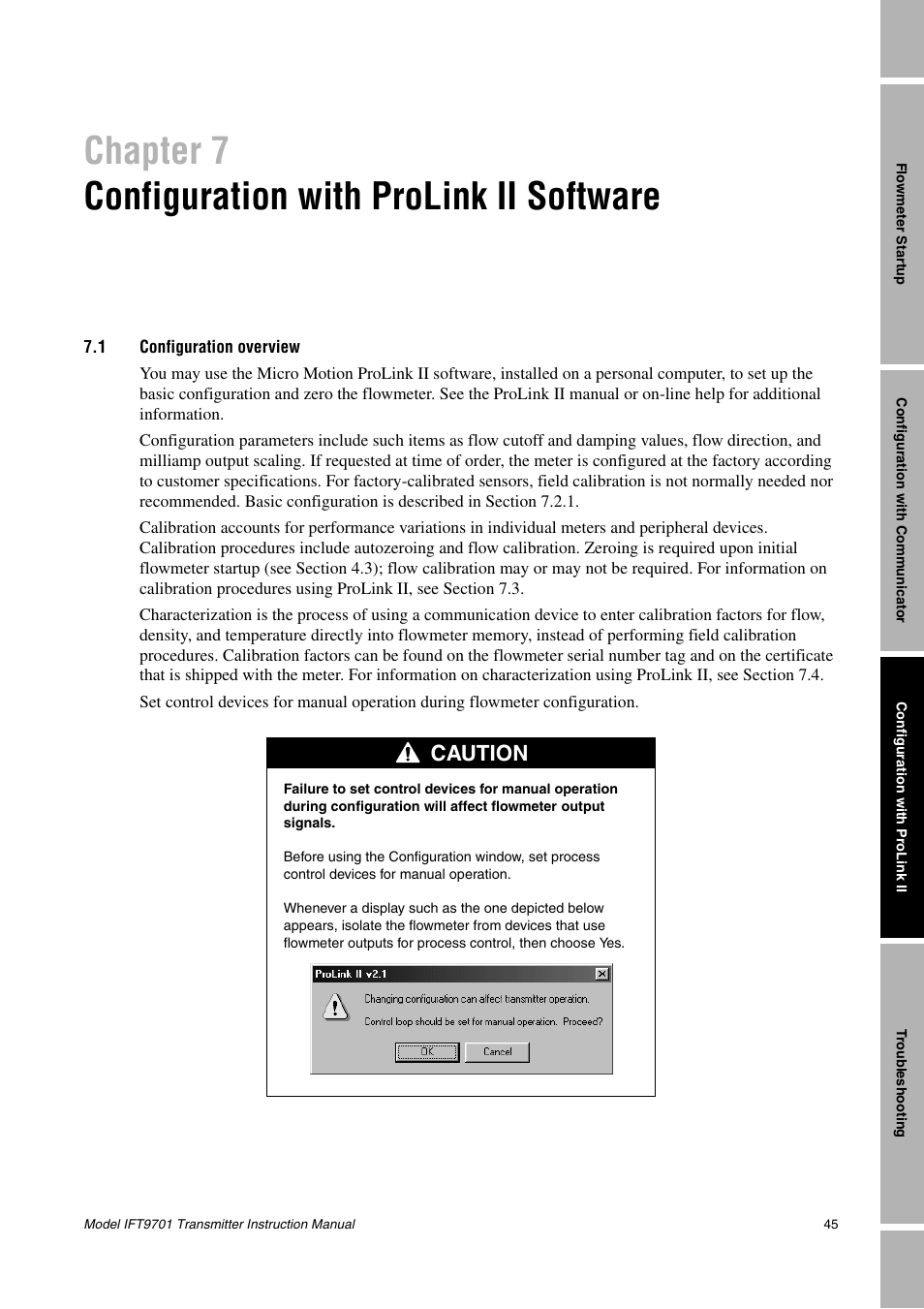 Chapter 7, Configuration with prolink ii software, 1 configuration overview | Configuration overview, Re, see chapter 7, Chapter 7 configuration with prolink ii software, Caution | Emerson IFT9701 User Manual | Page 53 / 90