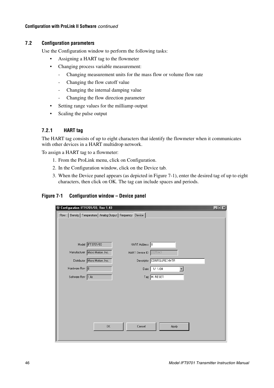 2 configuration parameters, 1 hart tag, Configuration parameters 7.2.1 | Hart tag | Emerson IFT9701 User Manual | Page 54 / 90