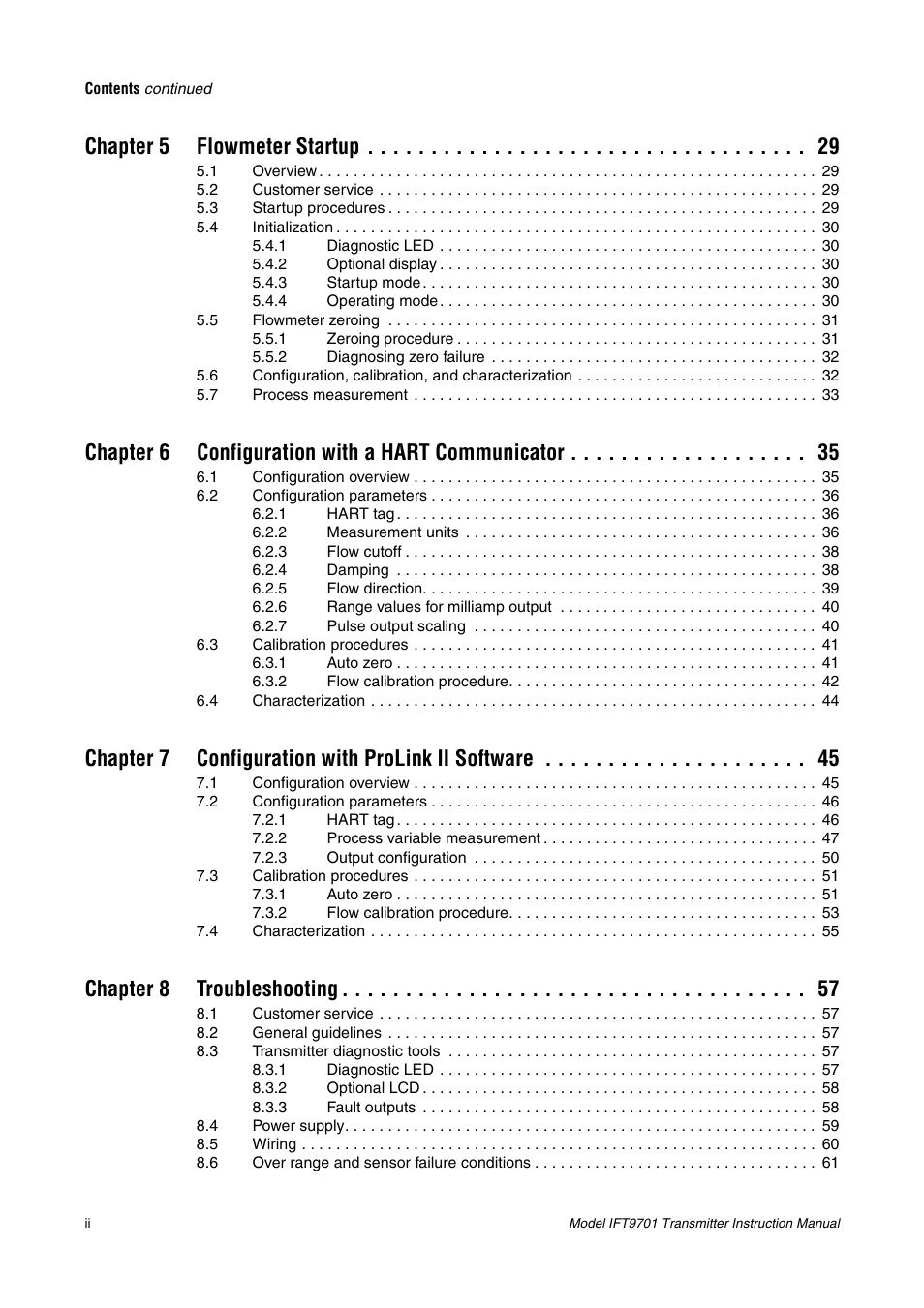 Chapter 5 flowmeter startup, Chapter 6 configuration with a hart communicator, Chapter 7 configuration with prolink ii software | Chapter 8 troubleshooting | Emerson IFT9701 User Manual | Page 6 / 90