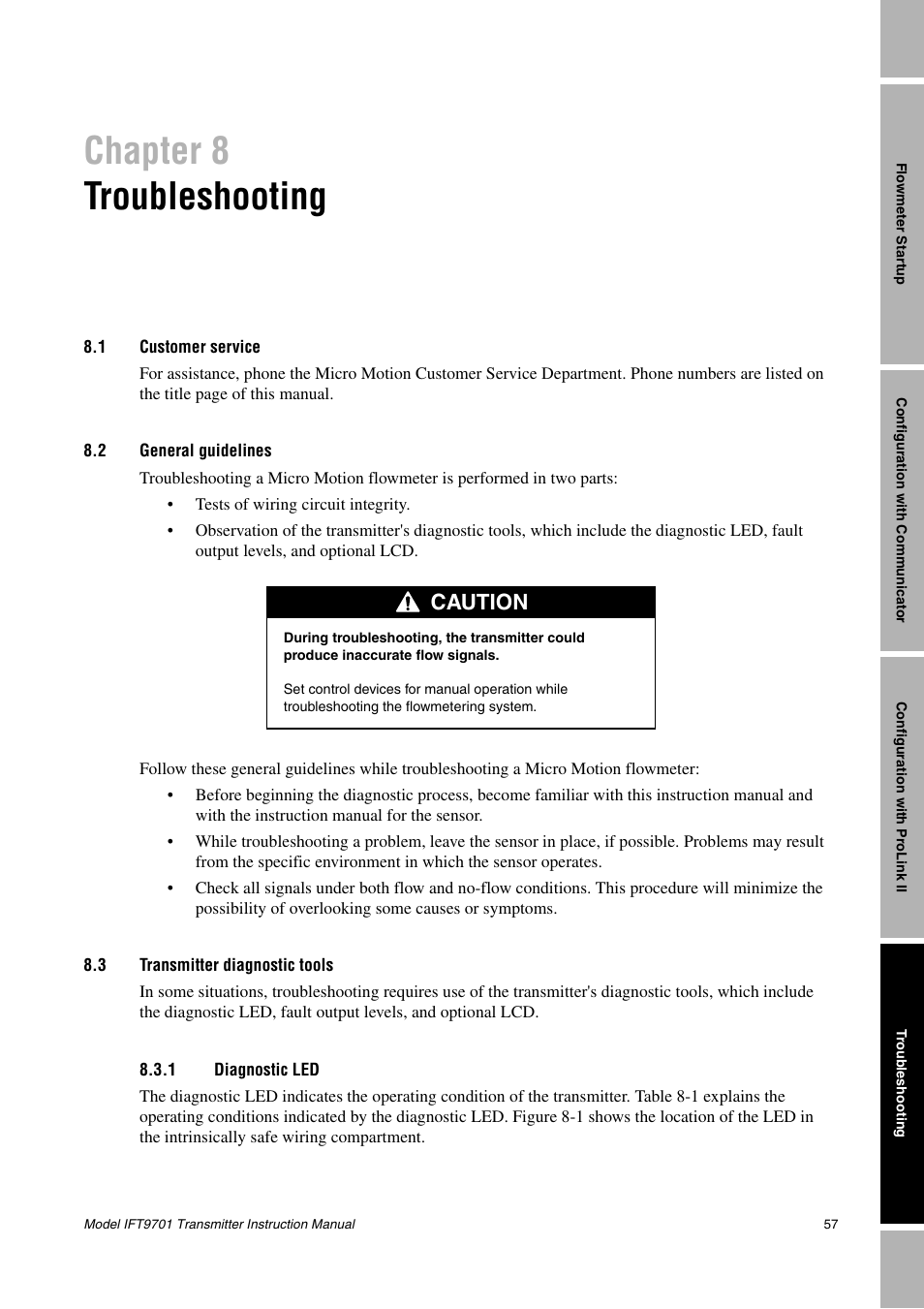 Chapter 8, Troubleshooting, 1 customer service | 2 general guidelines, 3 transmitter diagnostic tools, 1 diagnostic led, Customer service, General guidelines, Transmitter diagnostic tools 8.3.1, Diagnostic led | Emerson IFT9701 User Manual | Page 65 / 90