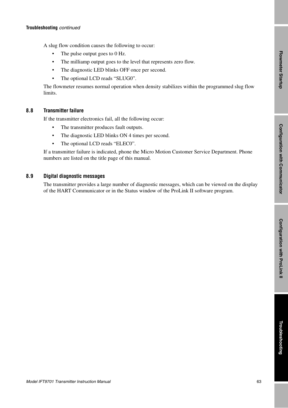 8 transmitter failure, 9 digital diagnostic messages, Transmitter failure | Digital diagnostic messages | Emerson IFT9701 User Manual | Page 71 / 90