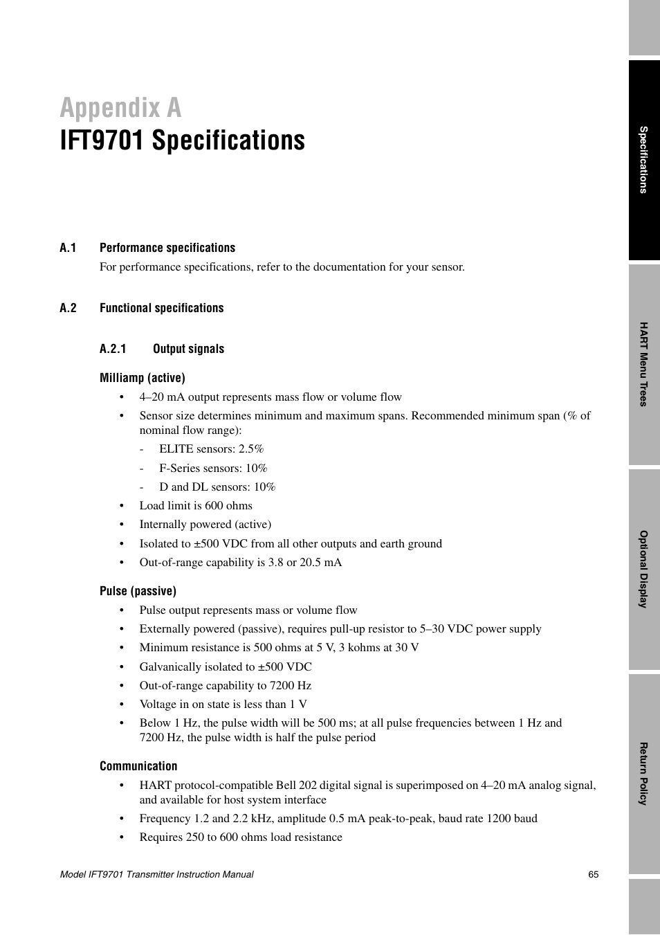 Appendix a, Ift9701 specifications, A.1 performance specifications | A.2 functional specifications, A.2.1 output signals, Appendix a ift9701 specifications, Performance specifications, Functional specifications a.2.1, Output signals | Emerson IFT9701 User Manual | Page 73 / 90