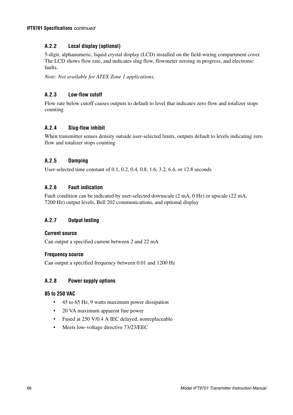 A.2.2 local display (optional), A.2.3 low-flow cutoff, A.2.4 slug-flow inhibit | A.2.5 damping, A.2.6 fault indication, A.2.7 output testing, A.2.8 power supply options, A.2.2, Local display (optional), A.2.3 | Emerson IFT9701 User Manual | Page 74 / 90