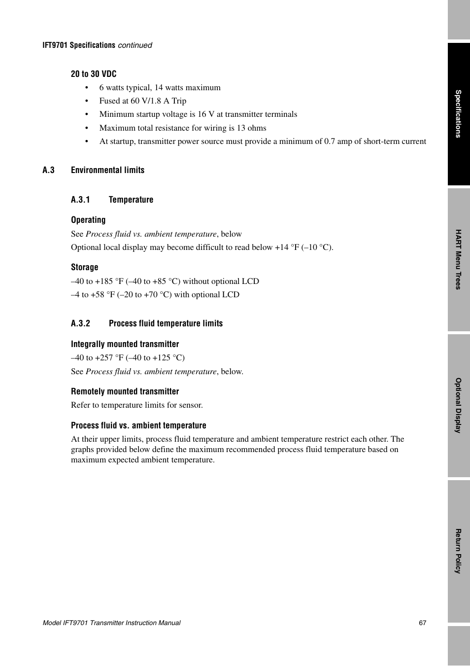 A.3 environmental limits, A.3.1 temperature, A.3.2 process fluid temperature limits | Environmental limits a.3.1, Temperature, A.3.2, Process fluid temperature limits | Emerson IFT9701 User Manual | Page 75 / 90