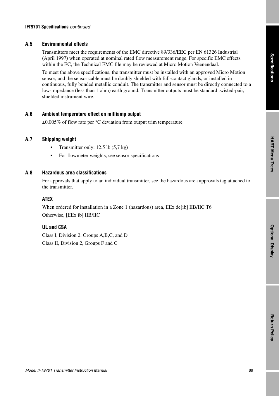 A.5 environmental effects, A.6 ambient temperature effect on milliamp output, A.7 shipping weight | A.8 hazardous area classifications, Environmental effects, Ambient temperature effect on milliamp output, Shipping weight, Hazardous area classifications | Emerson IFT9701 User Manual | Page 77 / 90