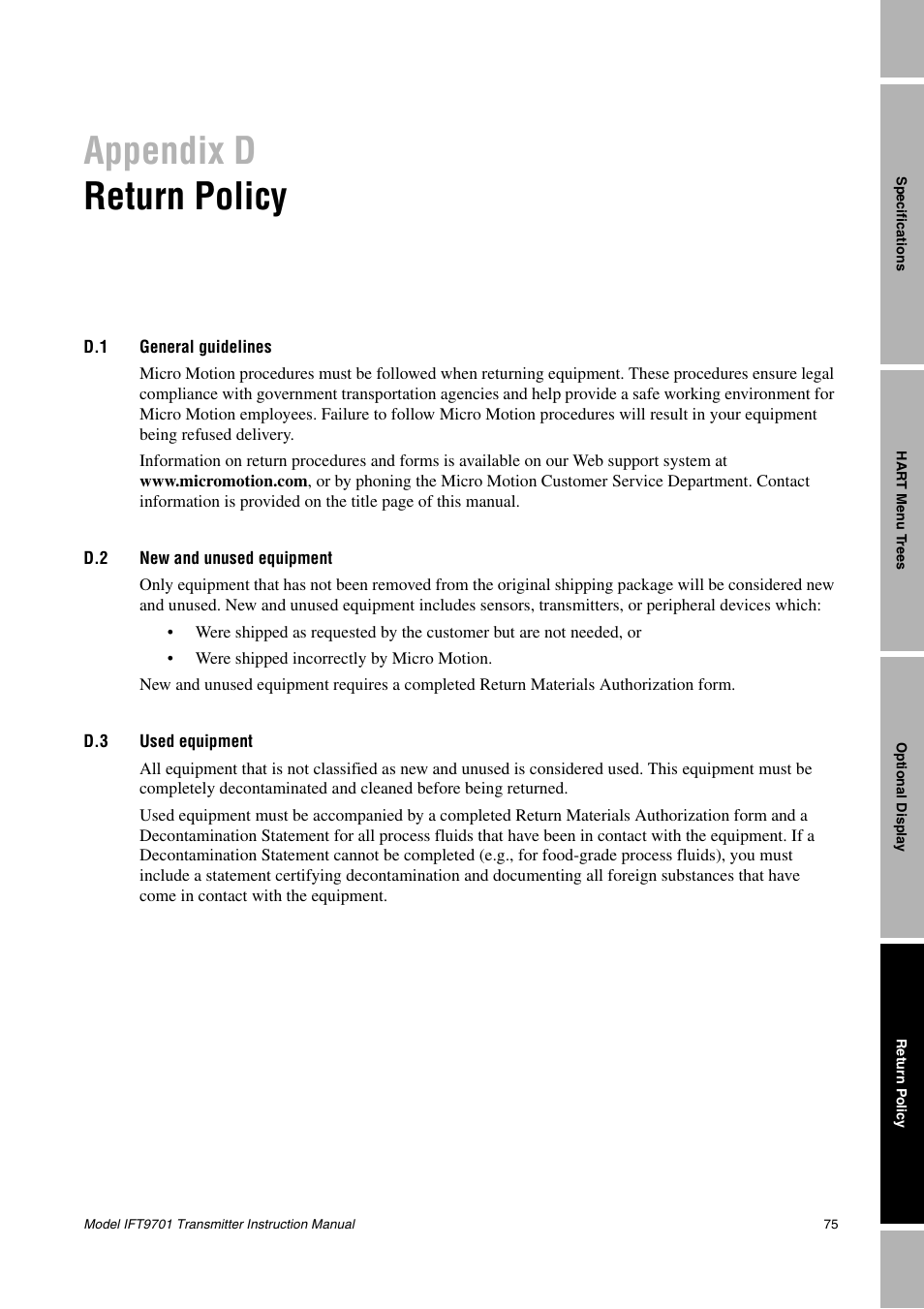 Appendix d, Return policy, D.1 general guidelines | D.2 new and unused equipment, D.3 used equipment, Appendix d return policy, General guidelines, New and unused equipment, Used equipment | Emerson IFT9701 User Manual | Page 83 / 90