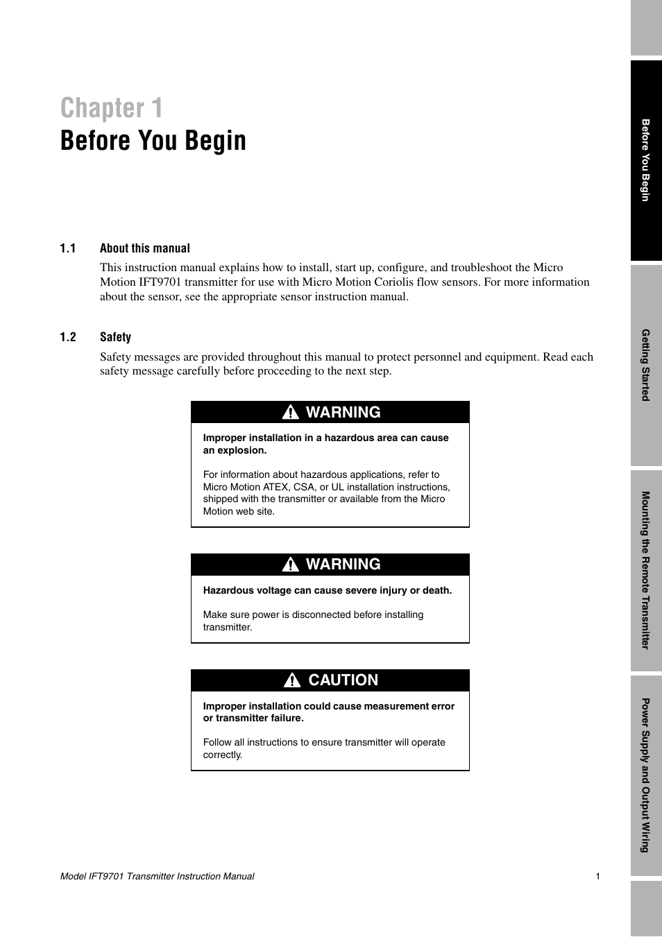 Chapter 1, Before you begin, 1 about this manual | 2 safety, About this manual, Safety, Chapter 1 before you begin, Warning, Caution | Emerson IFT9701 User Manual | Page 9 / 90