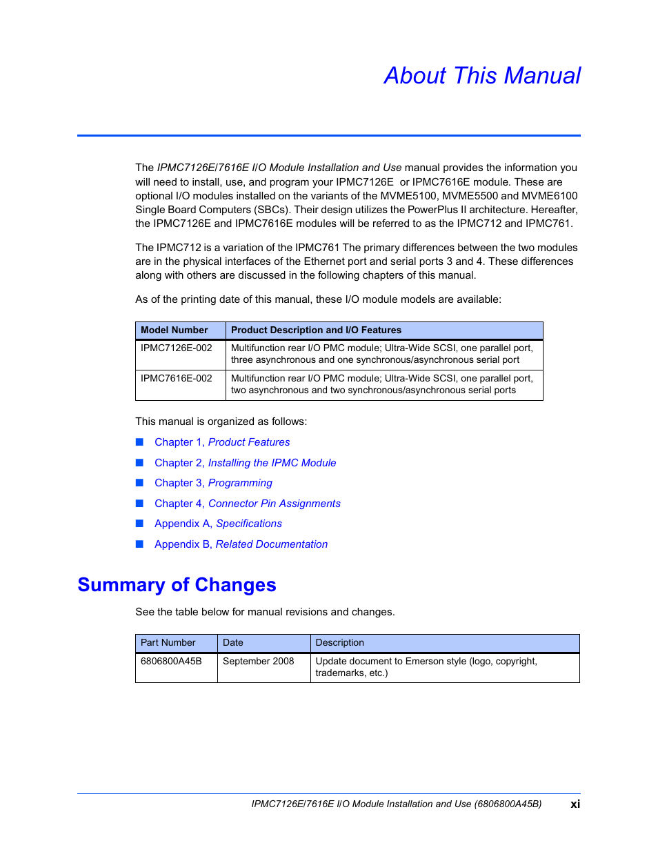 About this manual, Summary of changes | Emerson I/O MODULE IPMC7126E User Manual | Page 11 / 54