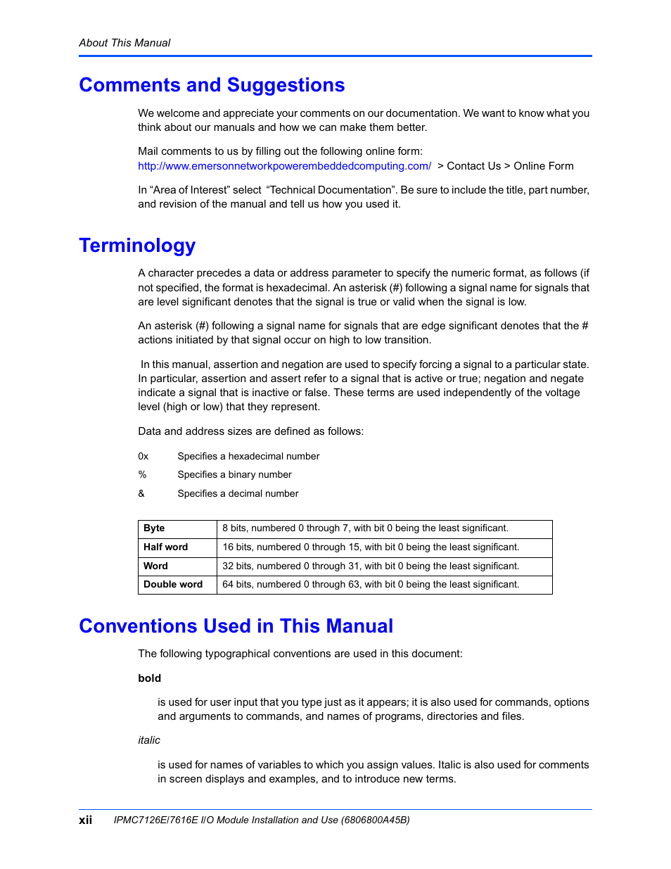 Comments and suggestions, Terminology, Conventions used in this manual | Emerson I/O MODULE IPMC7126E User Manual | Page 12 / 54