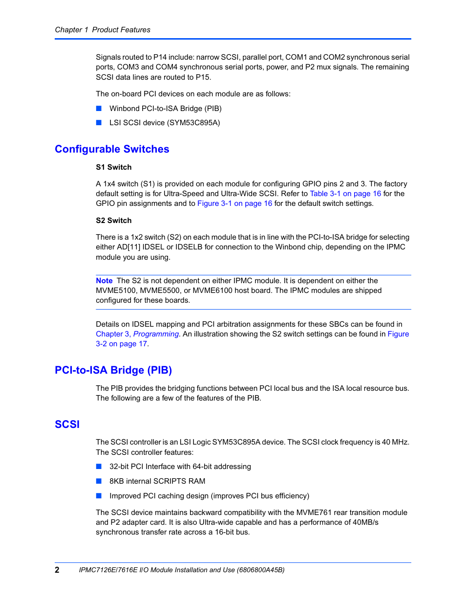Configurable switches, Pci-to-isa bridge (pib), Scsi | Emerson I/O MODULE IPMC7126E User Manual | Page 16 / 54