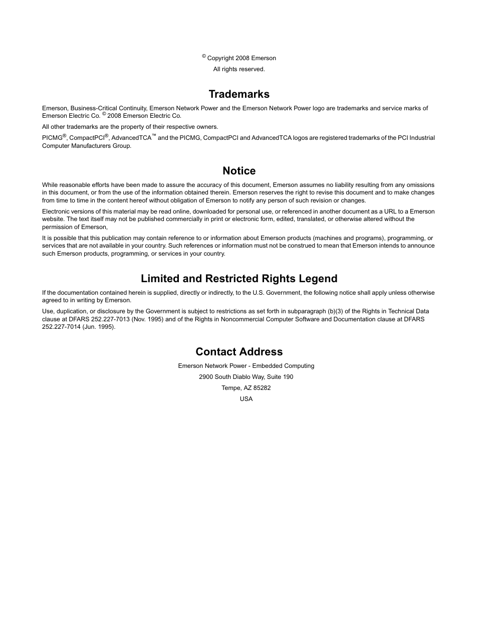 Trademarks, Notice, Limited and restricted rights legend | Contact address | Emerson I/O MODULE IPMC7126E User Manual | Page 2 / 54