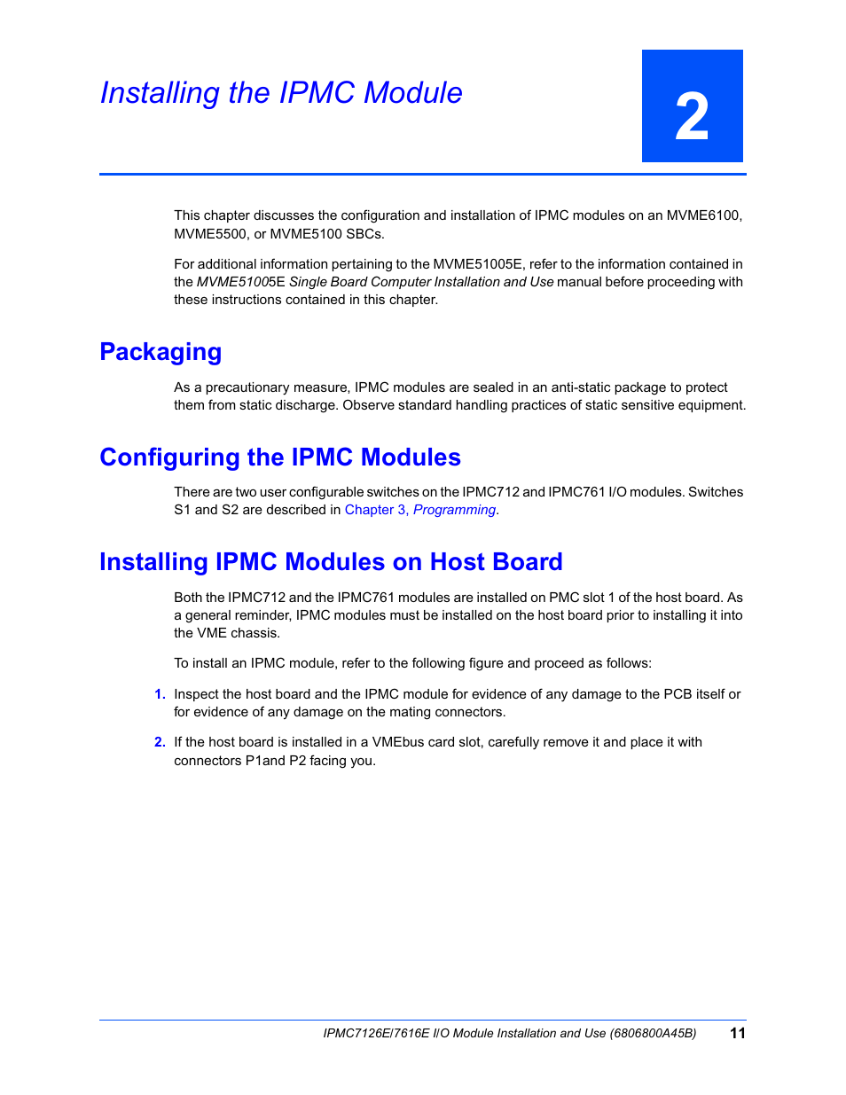 2 installing the ipmc module, Packaging, Configuring the ipmc modules | Installing ipmc modules on host board, Installing the ipmc module, Chapter 2, installing the ipmc module | Emerson I/O MODULE IPMC7126E User Manual | Page 25 / 54