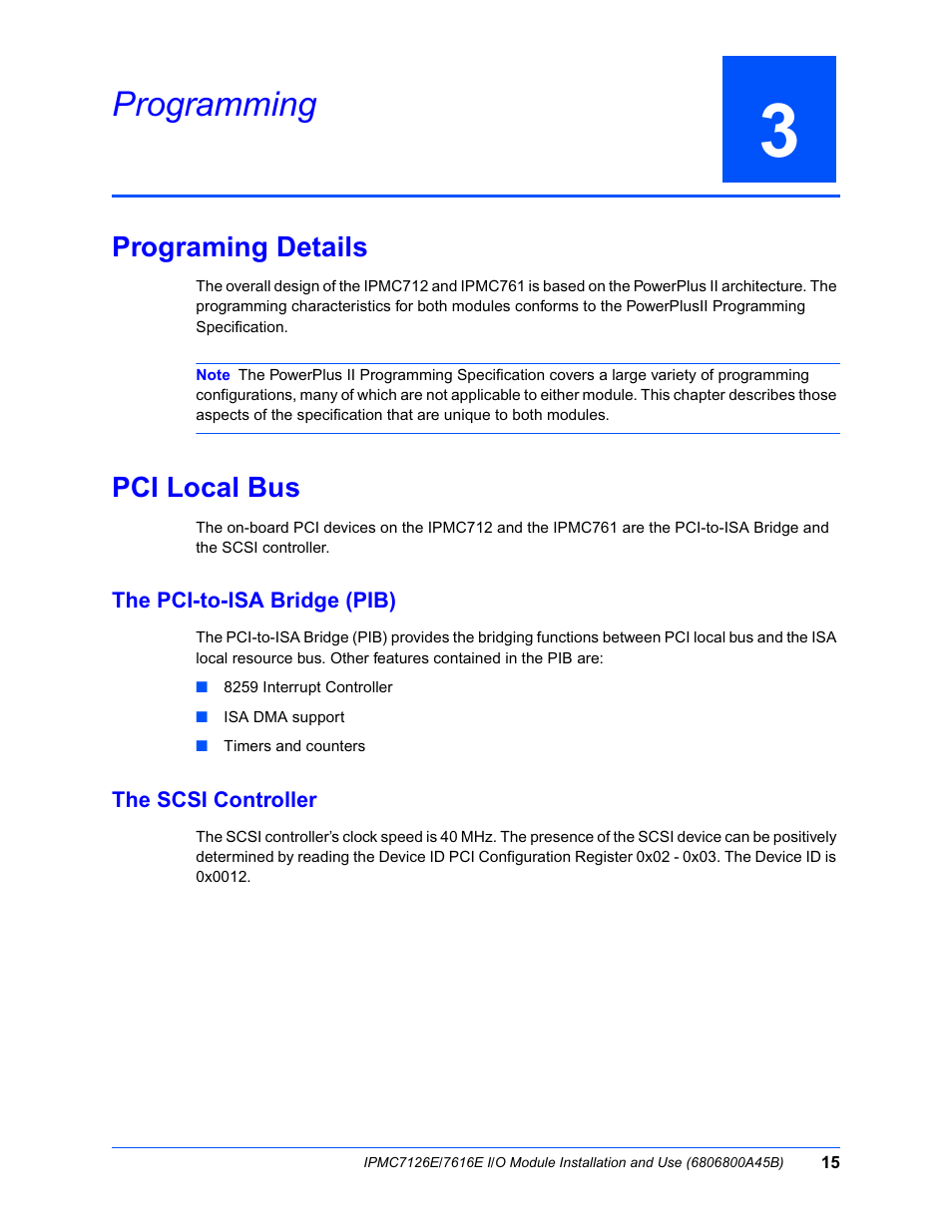 3 programming, Programing details, Pci local bus | The pci-to-isa bridge (pib), The scsi controller, Programming, Chapter 3, programming, An illustr | Emerson I/O MODULE IPMC7126E User Manual | Page 29 / 54