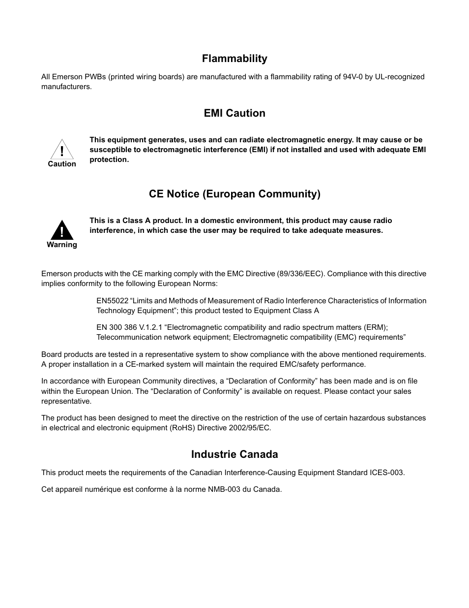 Flammability, Emi caution, Ce notice (european community) | Industrie canada | Emerson I/O MODULE IPMC7126E User Manual | Page 4 / 54