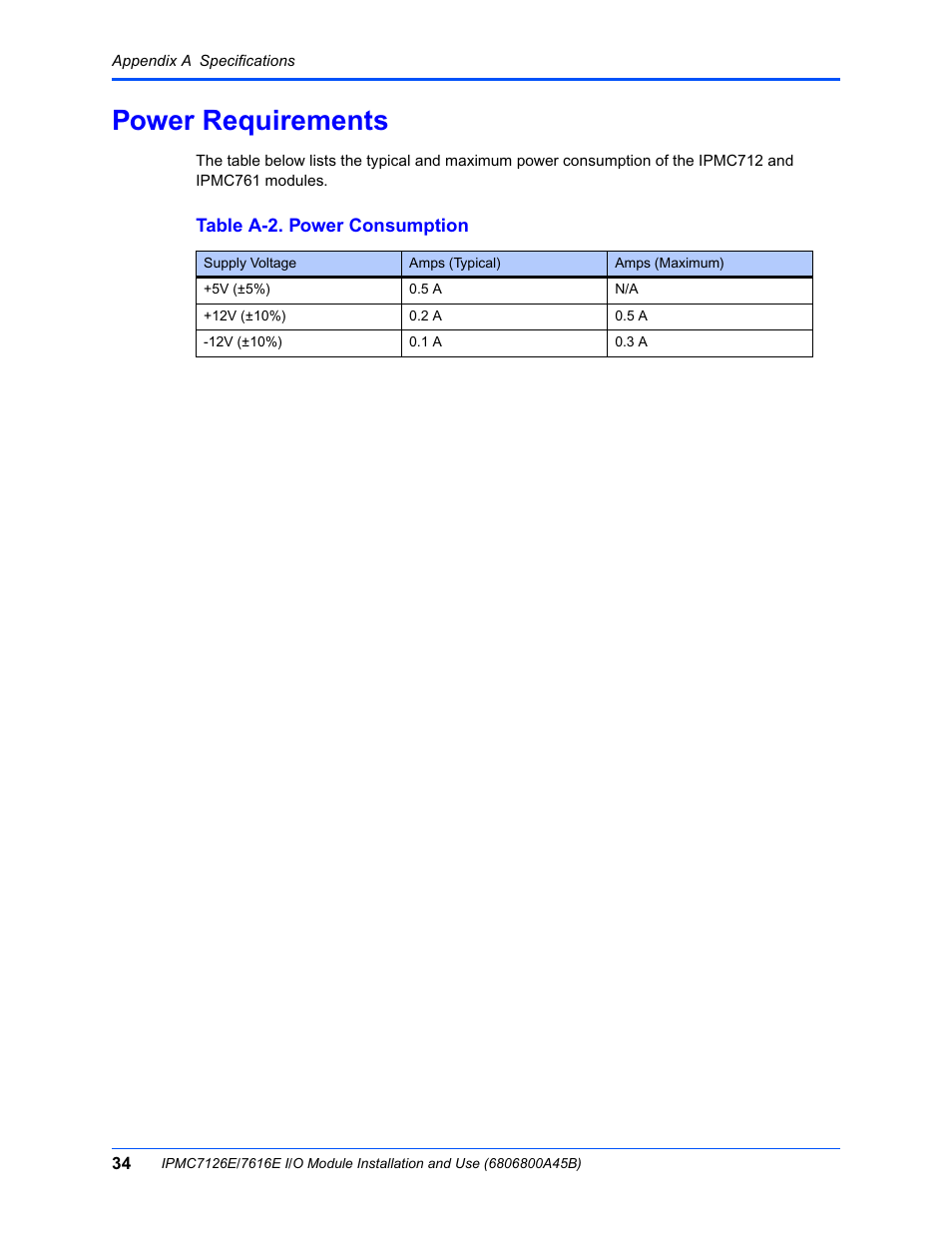 Power requirements, Table a-2. power consumption | Emerson I/O MODULE IPMC7126E User Manual | Page 48 / 54