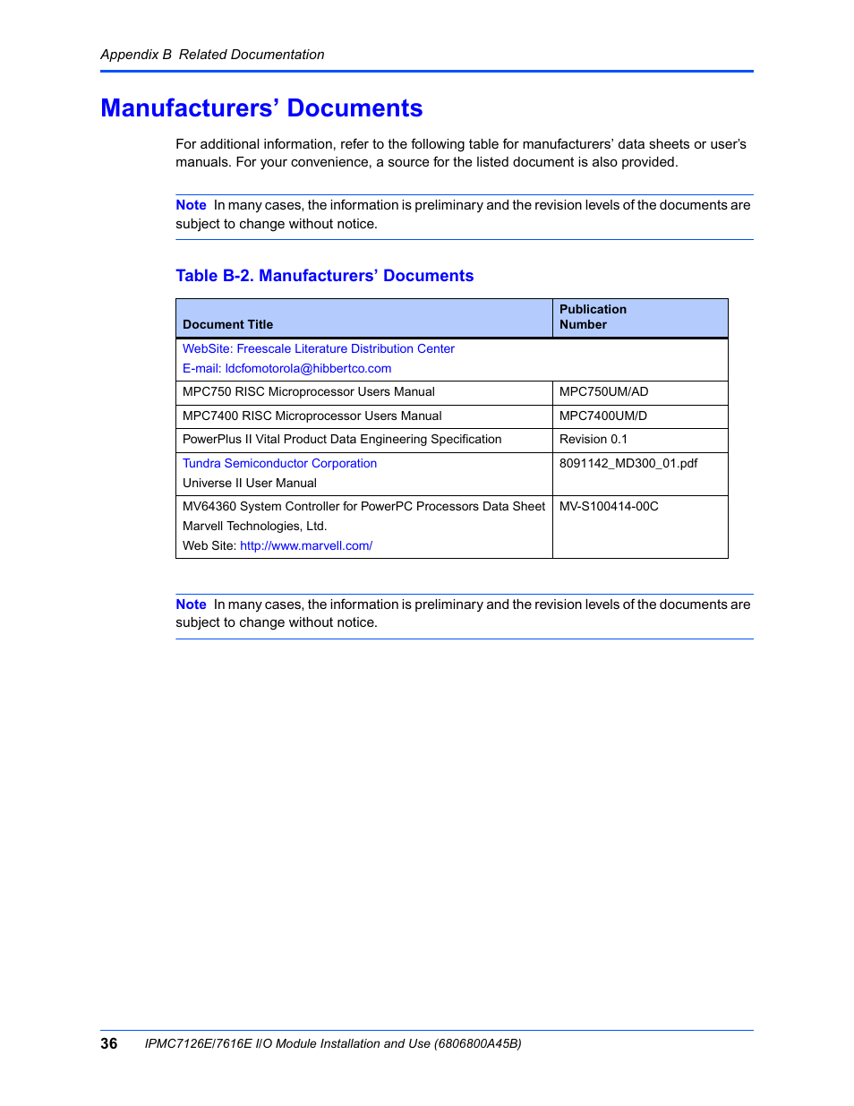 Manufacturers’ documents, Table b-2. manufacturers’ documents | Emerson I/O MODULE IPMC7126E User Manual | Page 50 / 54