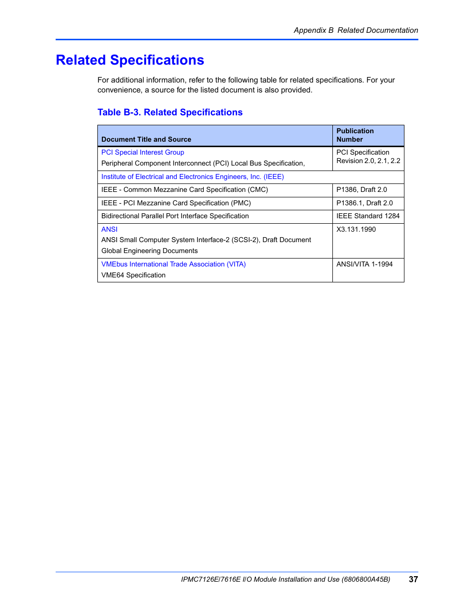 Related specifications, Table b-3. related specifications | Emerson I/O MODULE IPMC7126E User Manual | Page 51 / 54