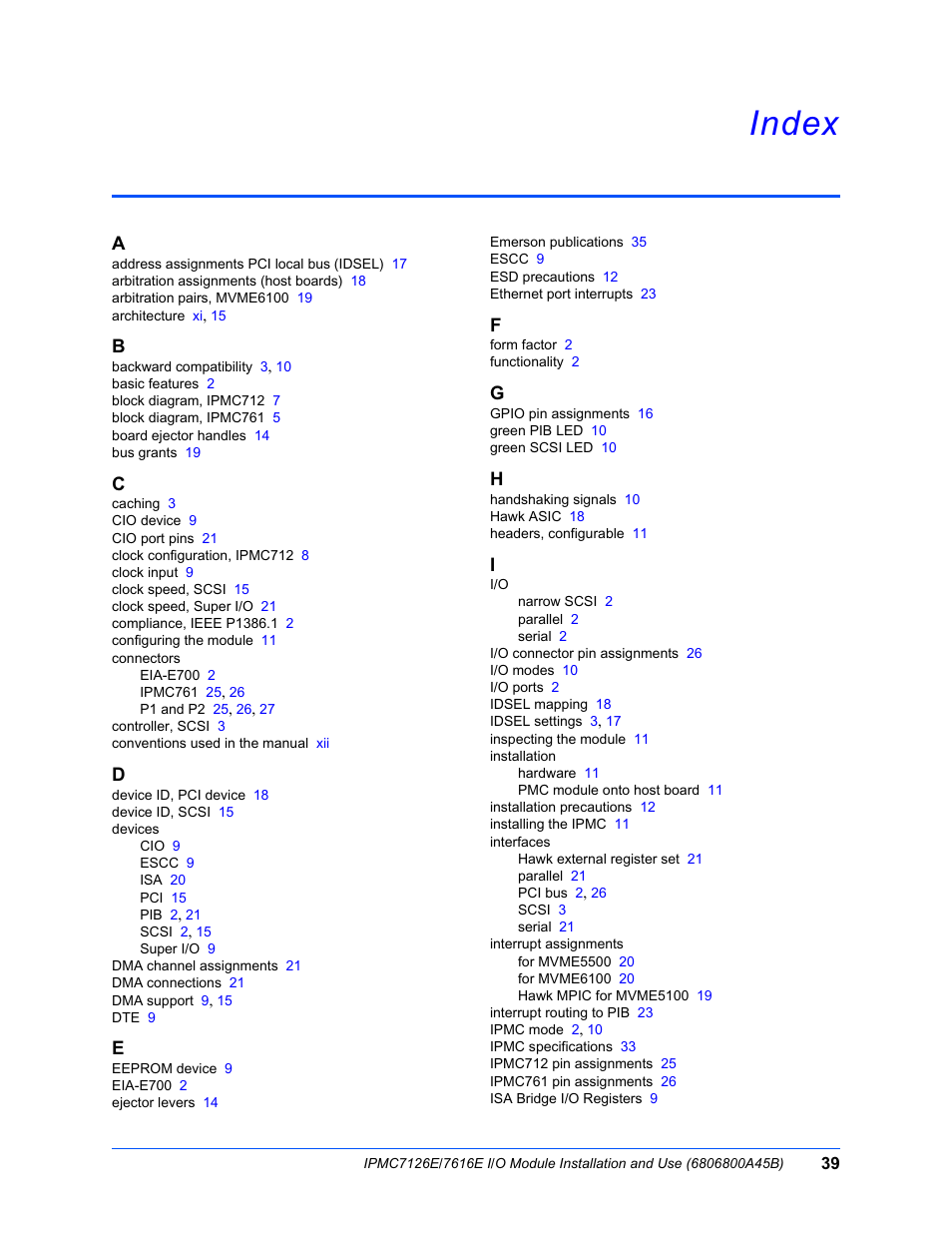 Index | Emerson I/O MODULE IPMC7126E User Manual | Page 53 / 54