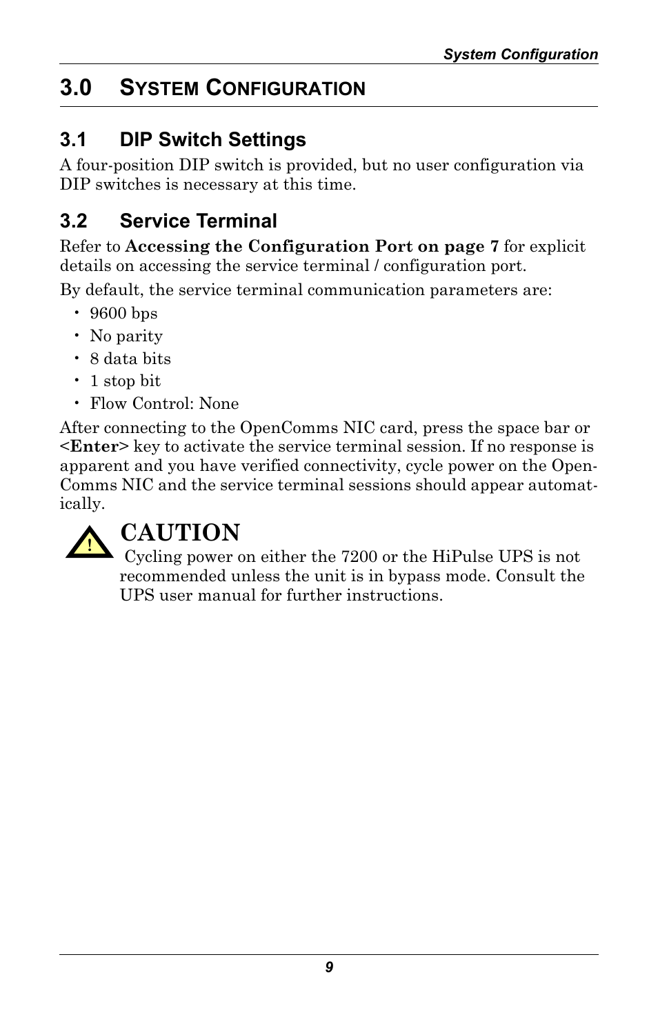 0 system configuration, 1 dip switch settings, 2 service terminal | Ystem, Onfiguration, Dip switch settings, Service terminal, Caution | Emerson MONITORING OpenComms User Manual | Page 15 / 56