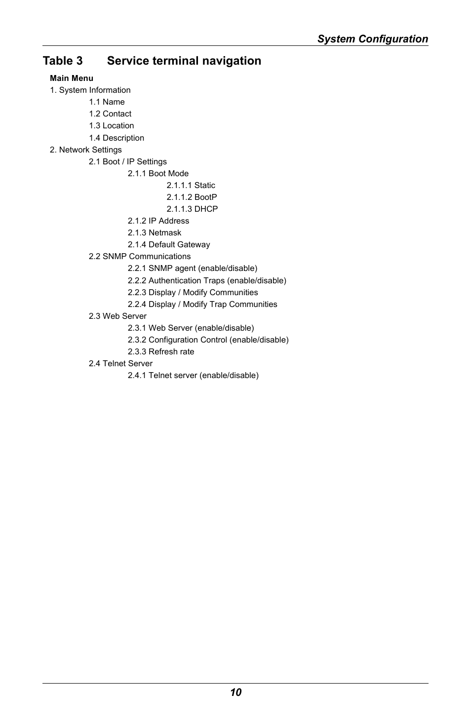 Table 3 service terminal navigation, Table 3, Service terminal navigation | System configuration 10 | Emerson MONITORING OpenComms User Manual | Page 16 / 56