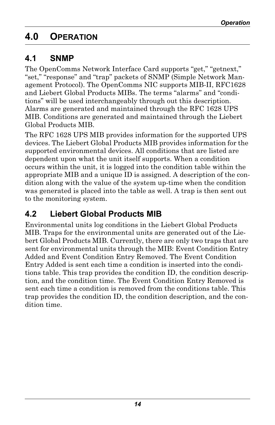 0 operation, 1 snmp, 2 liebert global products mib | Peration, Snmp, Liebert global products mib | Emerson MONITORING OpenComms User Manual | Page 20 / 56