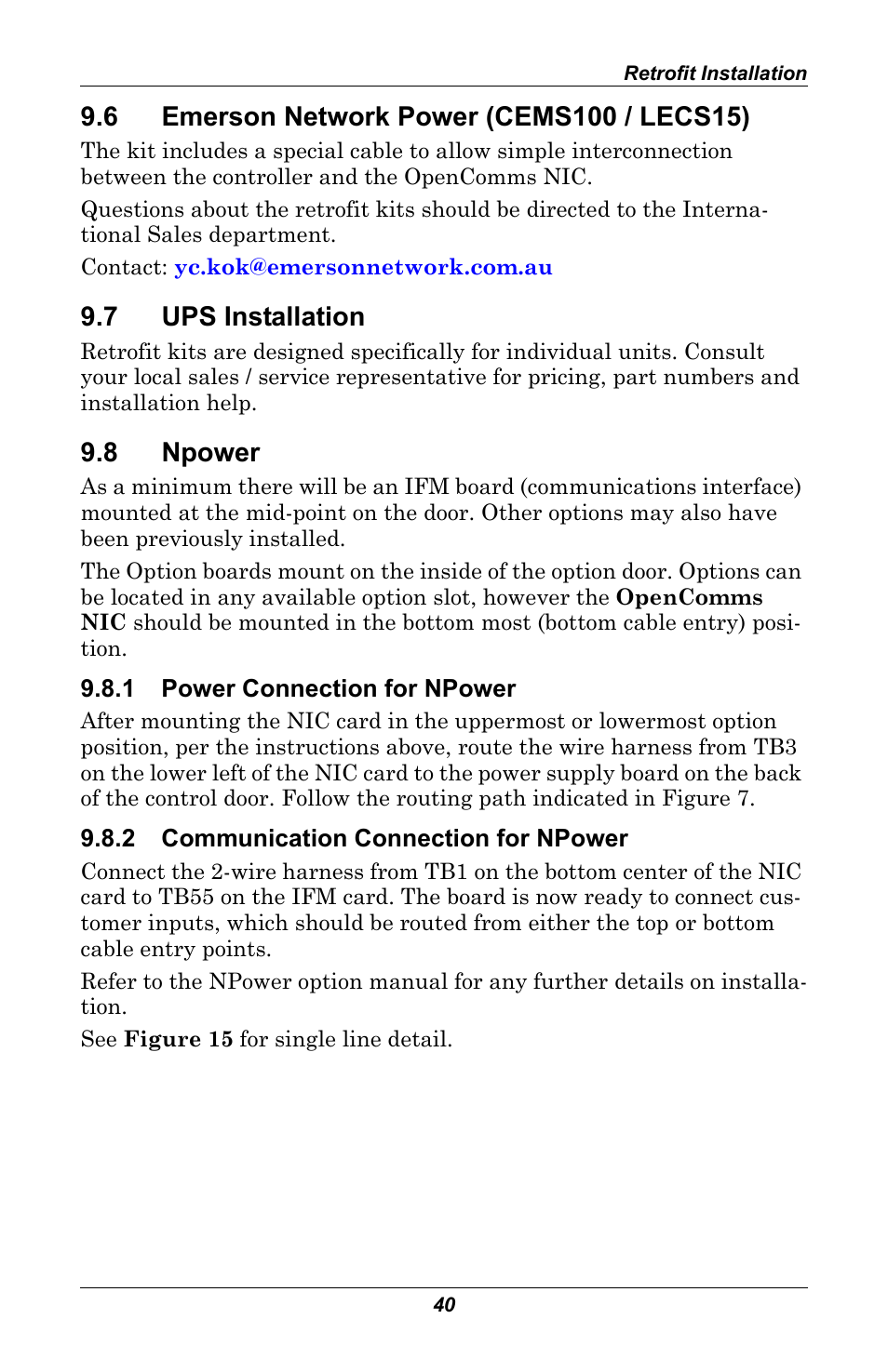 6 emerson network power (cems100 / lecs15), 7 ups installation, 8 npower | 1 power connection for npower, 2 communication connection for npower, Emerson network power (cems100 / lecs15), Ups installation, Npower, Power connection for npower, Communication connection for npower | Emerson MONITORING OpenComms User Manual | Page 46 / 56