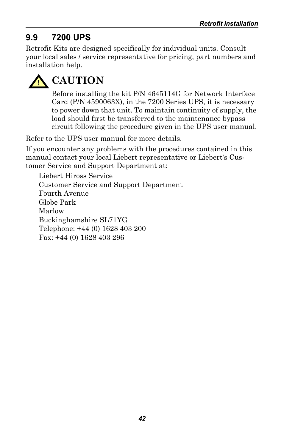 9 7200 ups, 7200 ups, Caution | Emerson MONITORING OpenComms User Manual | Page 48 / 56