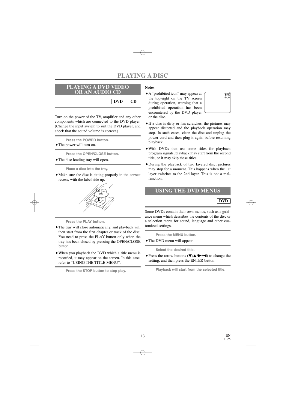 Playing a disc, Playing a dvd video or an audio cd, Using the dvd menus | Emerson EWD7002 User Manual | Page 13 / 36