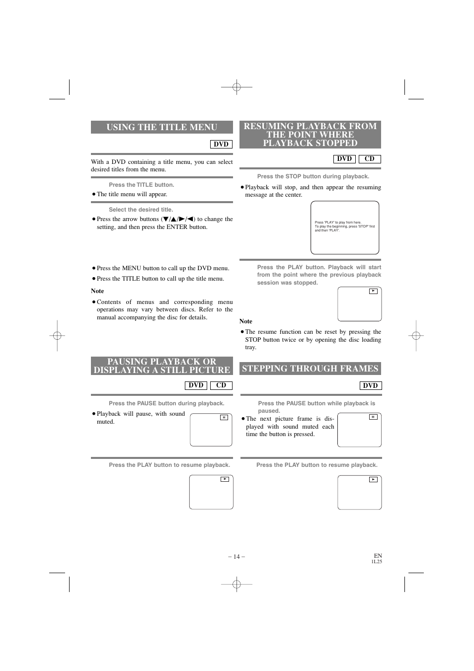 Using the title menu, Pausing playback or displaying a still picture, Stepping through frames | Emerson EWD7002 User Manual | Page 14 / 36
