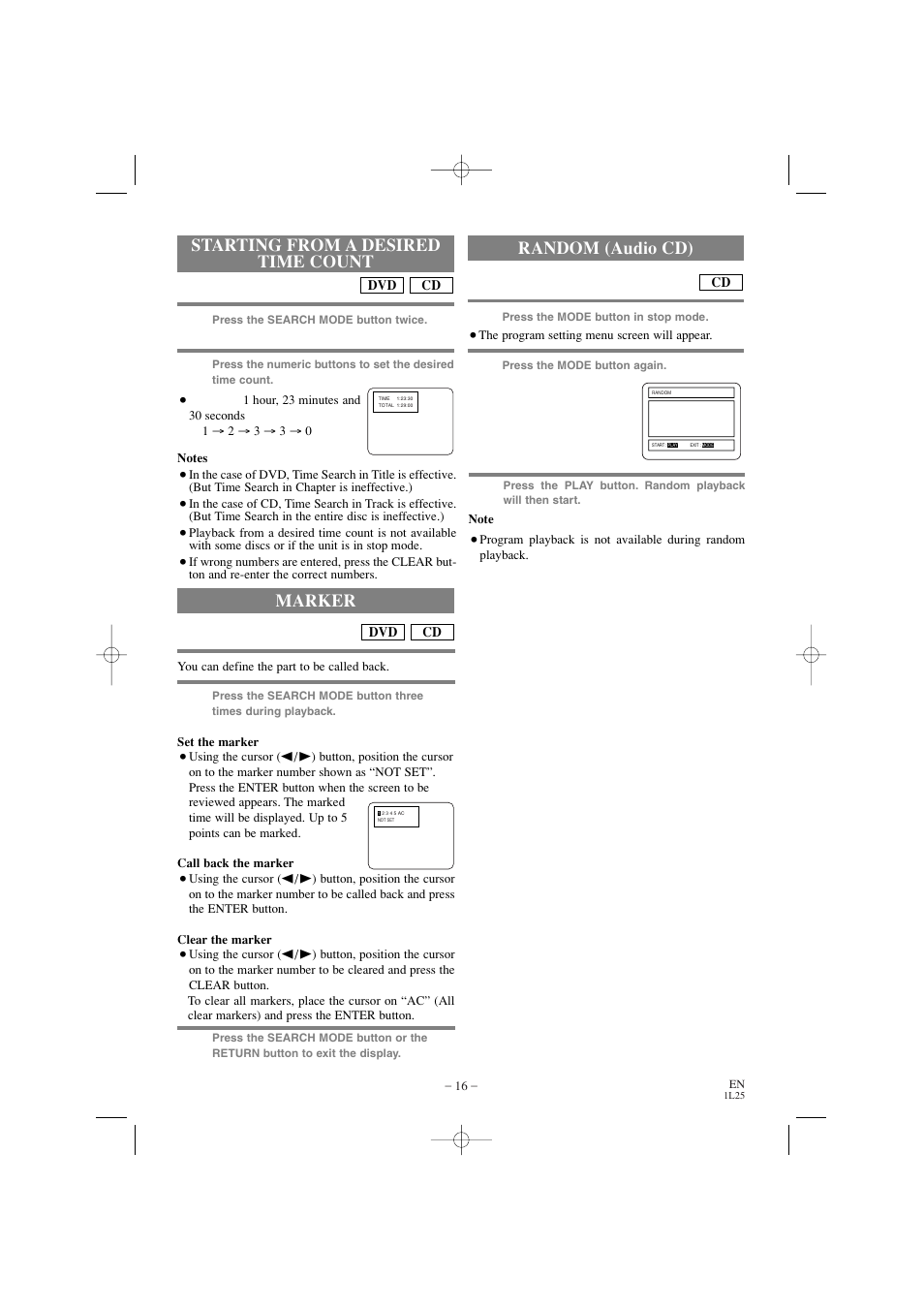 Starting from a desired time count, Marker, Random (audio cd) | Emerson EWD7002 User Manual | Page 16 / 36