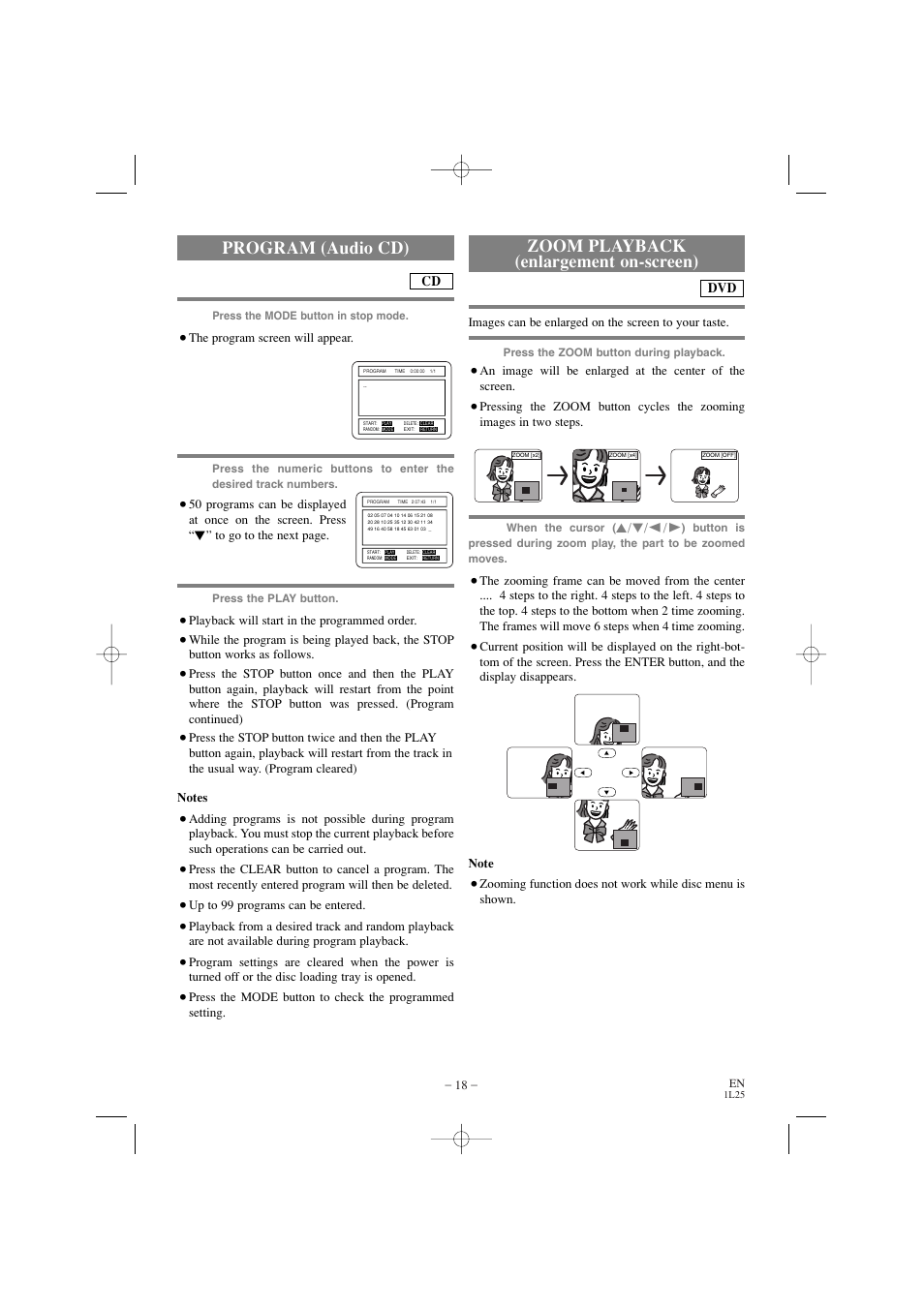 Program (audio cd), Zoom playback (enlargement on-screen) | Emerson EWD7002 User Manual | Page 18 / 36