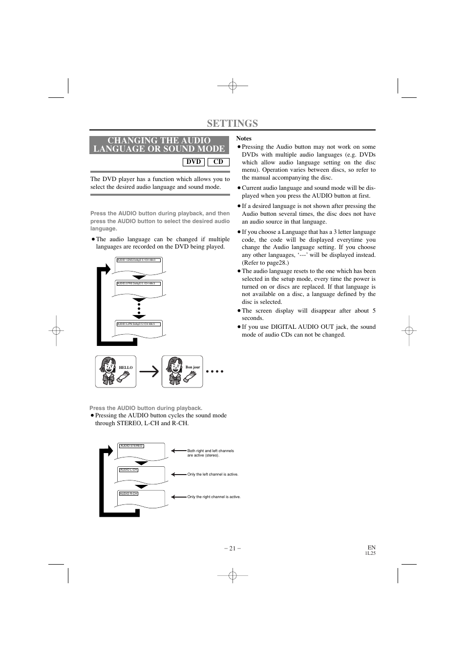 Settings, Changing the audio language or sound mode, For dvds | For audio cds | Emerson EWD7002 User Manual | Page 21 / 36