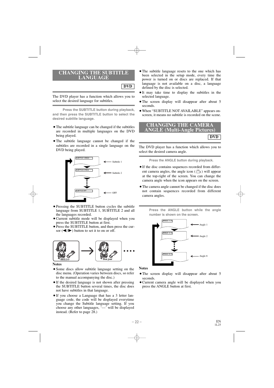 Changing the camera angle (multi-angle pictures), Changing the subtitle language | Emerson EWD7002 User Manual | Page 22 / 36