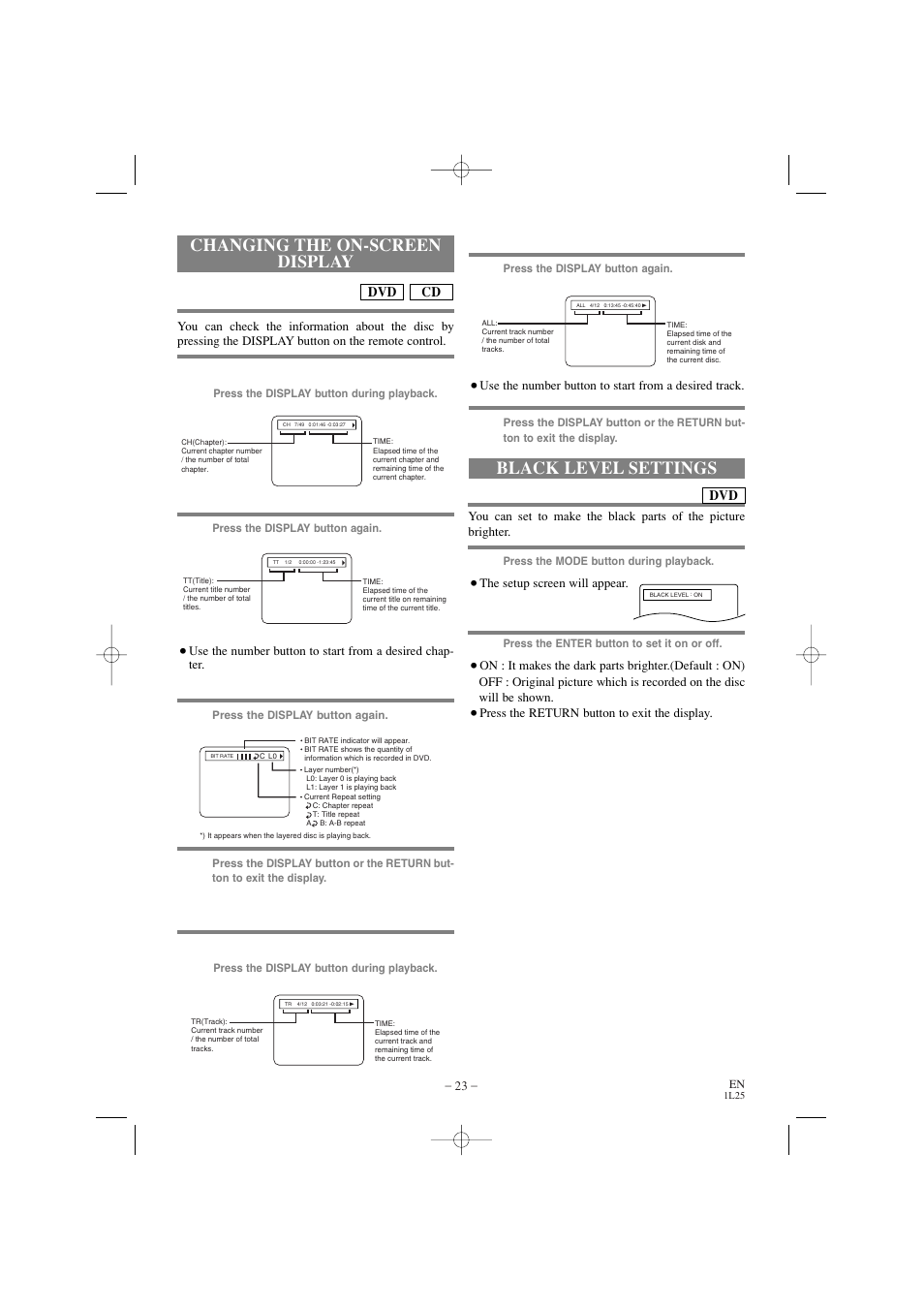 Changing the on-screen display, Black level settings, For dvds | For audio cds | Emerson EWD7002 User Manual | Page 23 / 36