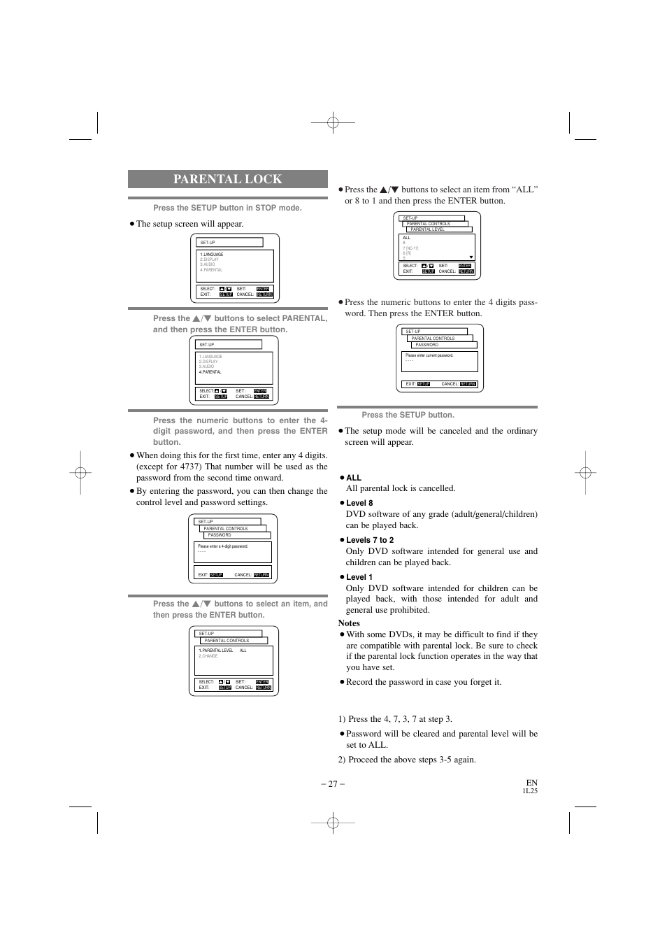 Parental lock, When “parental level” is selected, When “change” is selected | Control levels, If you forget the password, Press the, All parental lock is cancelled, Record the password in case you forget it, The setup screen will appear | Emerson EWD7002 User Manual | Page 27 / 36