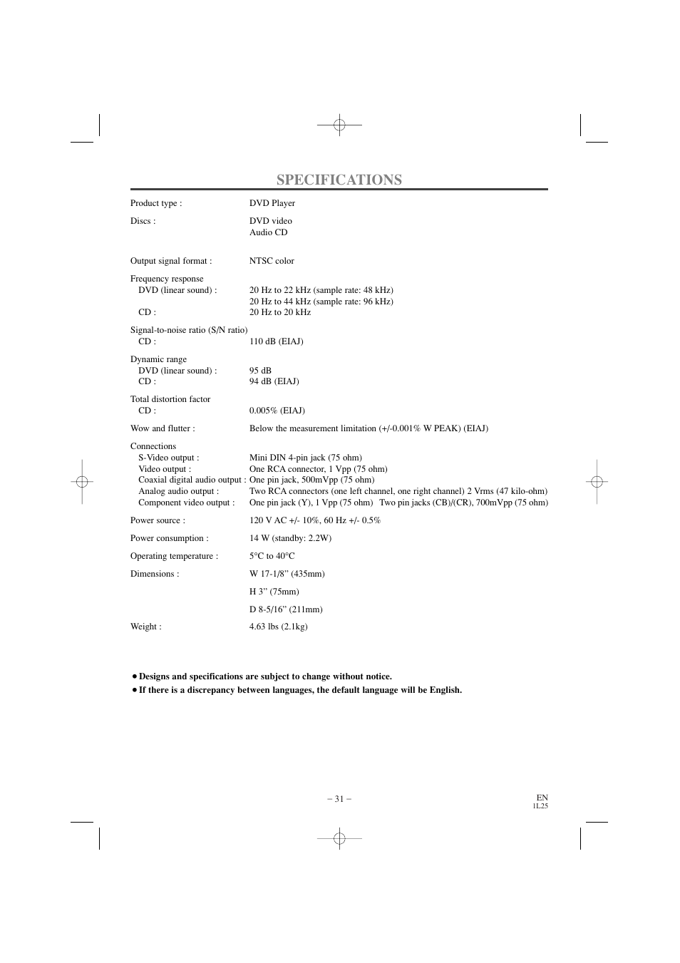Specifications | Emerson EWD7002 User Manual | Page 31 / 36