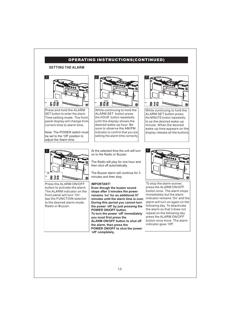 Operating instructions(continued), Setting the alarm | Emerson Radio iP100 User Manual | Page 14 / 18