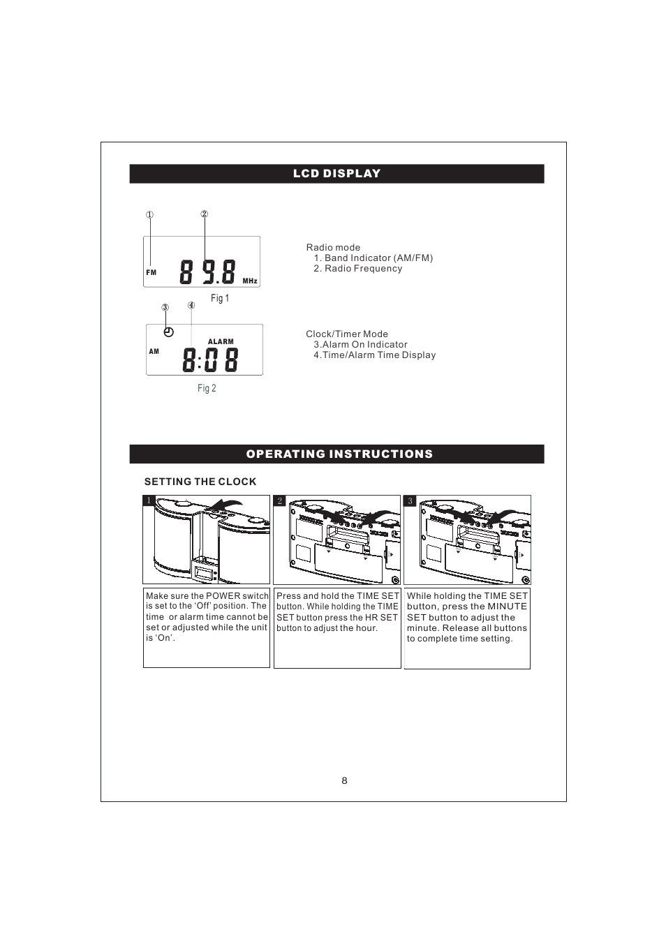 Fig 1 fig 2 lcd display, Operating instructions | Emerson Radio iP100 User Manual | Page 9 / 18