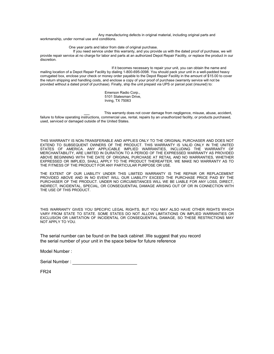 Limited warranty | Emerson FR24RD User Manual | Page 9 / 10