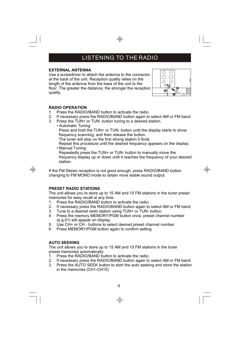 Listening to the radio | Emerson Radio ES398 User Manual | Page 10 / 24