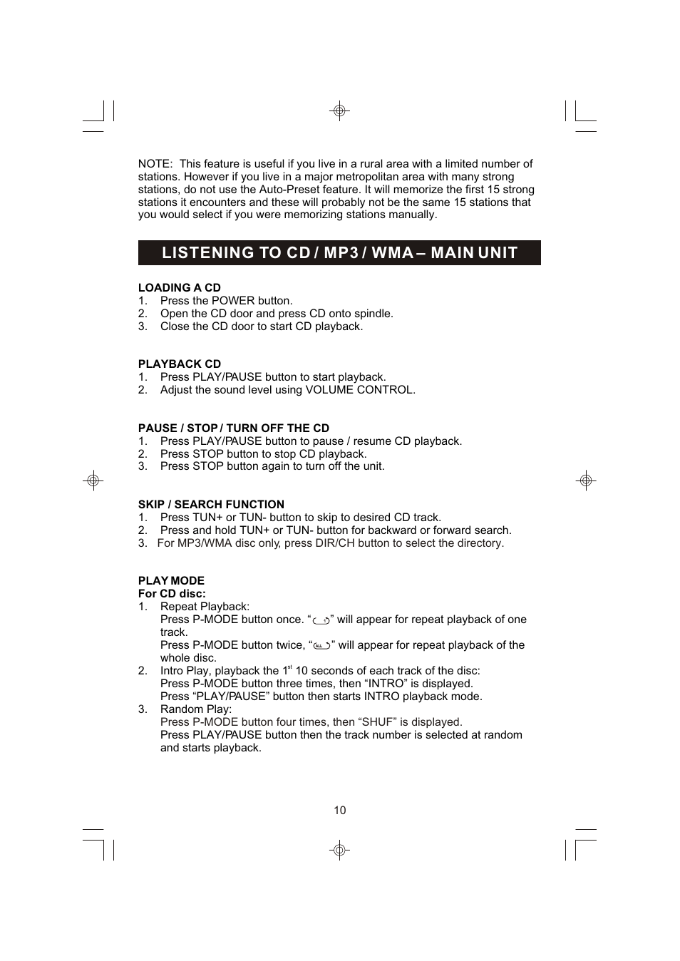 Listening to cd / mp3 / wma – main unit | Emerson Radio ES398 User Manual | Page 11 / 24