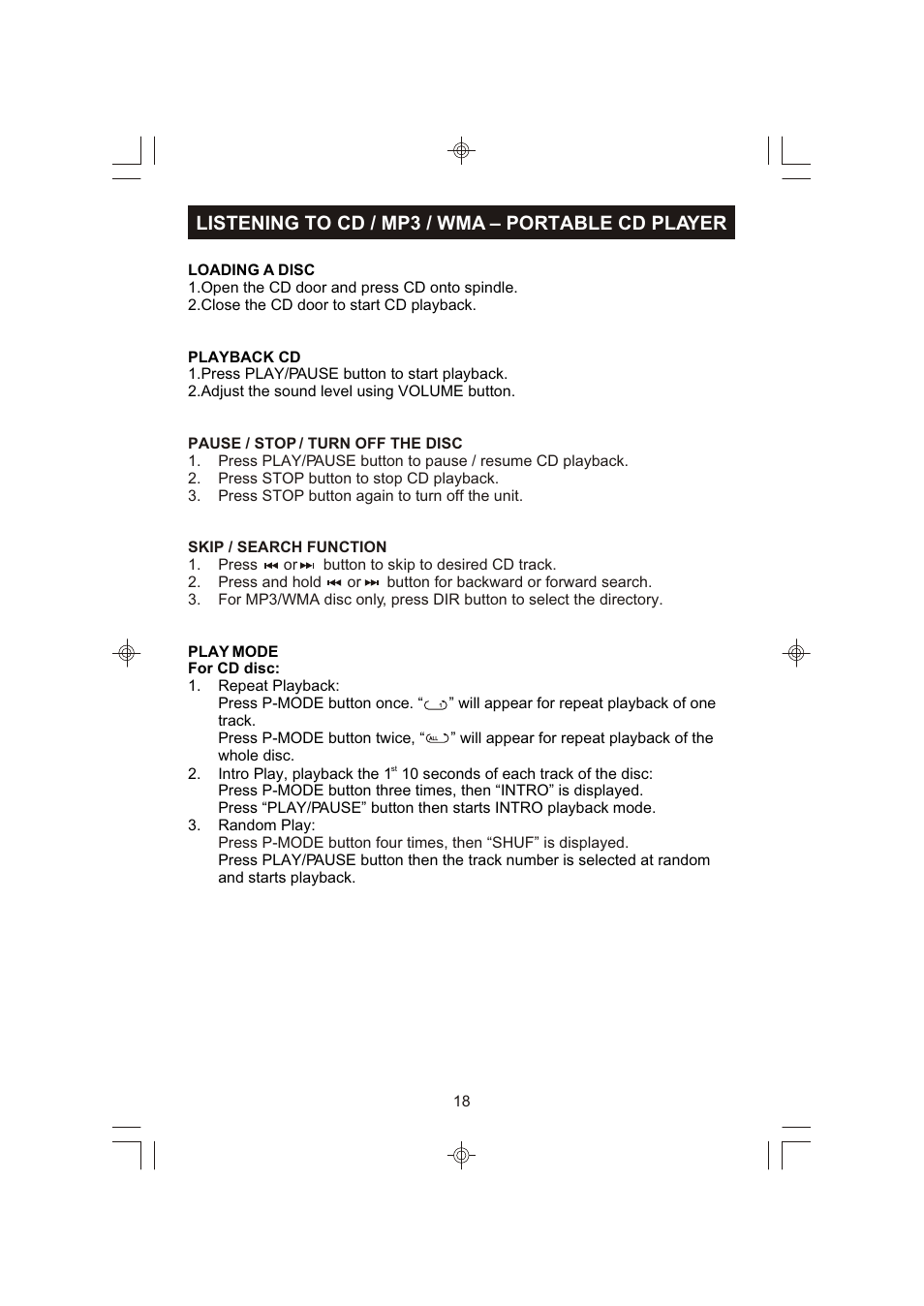 Listening to cd / mp3 / wma – portable cd player | Emerson Radio ES398 User Manual | Page 19 / 24