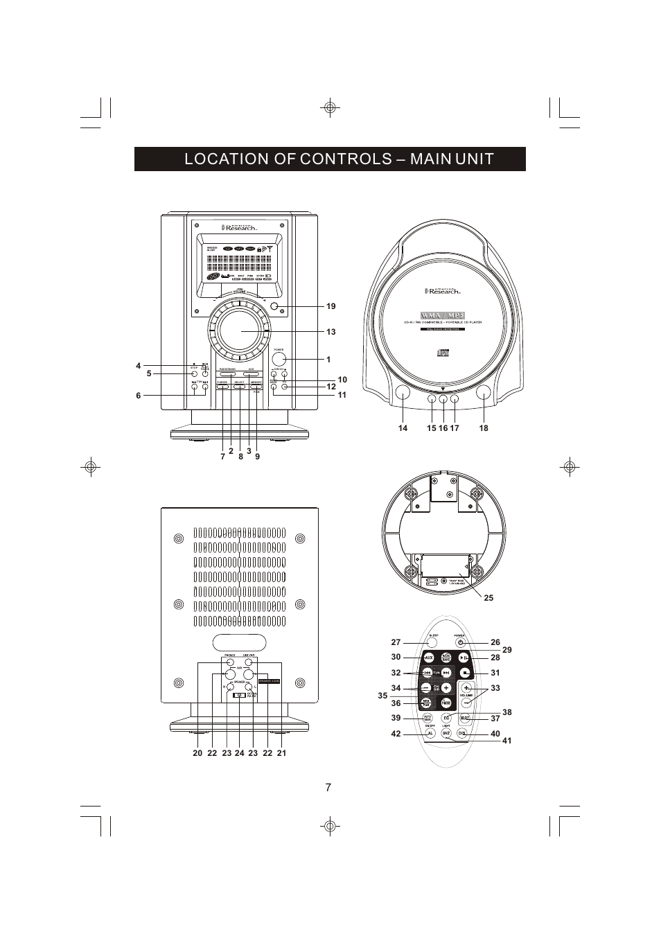 Location of controls – main unit | Emerson Radio ES398 User Manual | Page 8 / 24