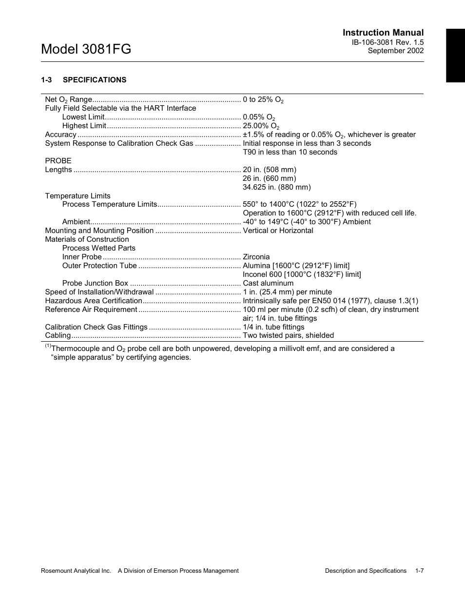 Specifications, Specifications -7, Model 3081fg | Instruction manual | Emerson 3081FG User Manual | Page 17 / 78
