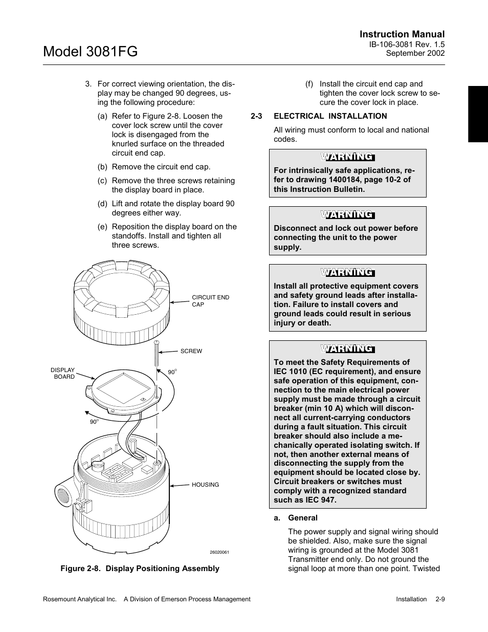 Electrical installation, Electrical installation -9, Figure 2-8. display positioning assembly -9 | Model 3081fg, Instruction manual | Emerson 3081FG User Manual | Page 27 / 78