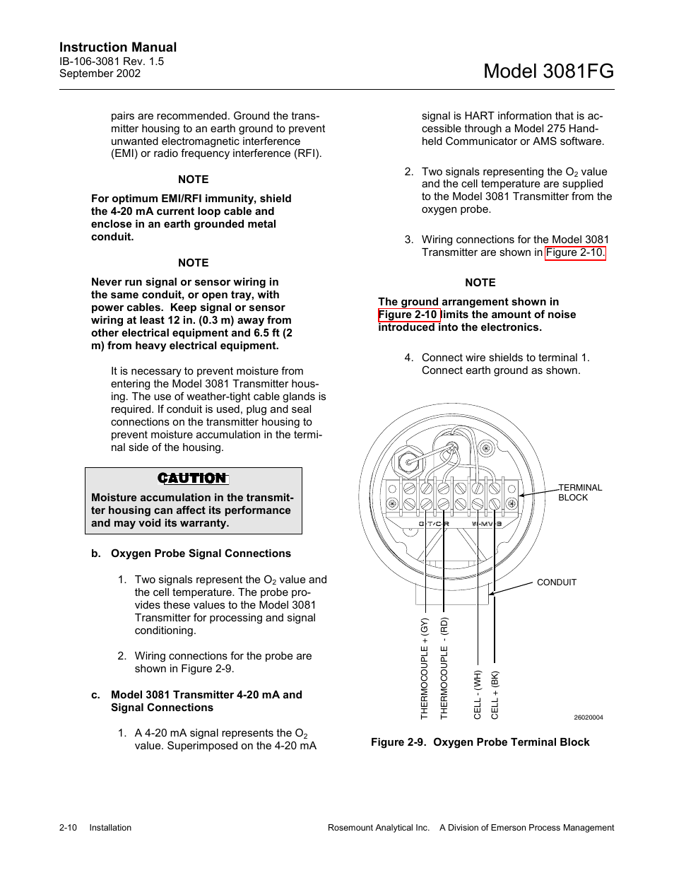 Figure 2-9. oxygen probe terminal block -10, Model 3081fg, Instruction manual | Emerson 3081FG User Manual | Page 28 / 78