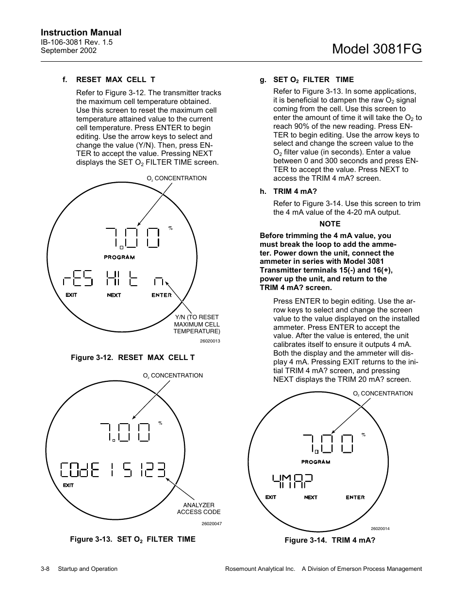 Filter time -8, Figure 3-14. trim 4 ma? -8, Model 3081fg | Instruction manual | Emerson 3081FG User Manual | Page 38 / 78