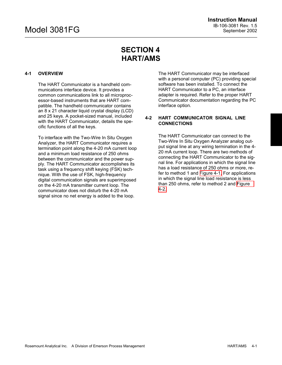 Hart/ams, Overview, Hart communicator signal line connections | 0 hart/ams -1 4-1, Overview -1, Hart communicator signal line connections -1, Model 3081fg | Emerson 3081FG User Manual | Page 47 / 78