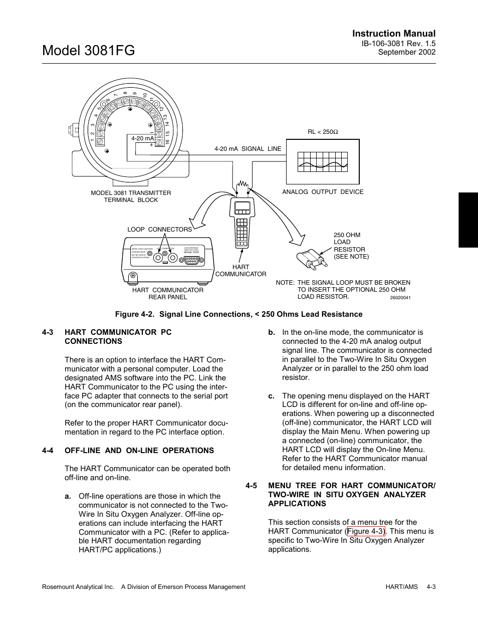 Hart communicator pc connections, Off-line and on-line operations, Hart communicator pc connections -3 | Off-line and on-line operations -3, Two-wire in situ oxygen analyzer applications -3, Model 3081fg, Instruction manual | Emerson 3081FG User Manual | Page 49 / 78